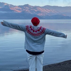 CeCe Gray Cowlneck Sweater with Red & Pink Heart Yoke